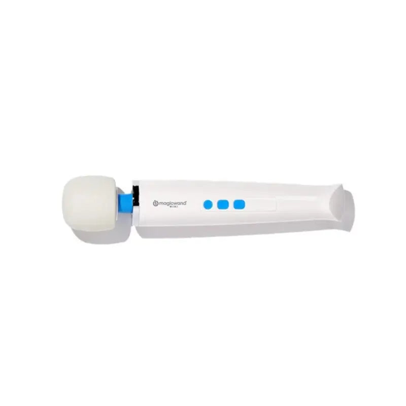 Magic Wand Mini in een hand, compacte draadloze wand met drie blauwe bedieningsknoppen